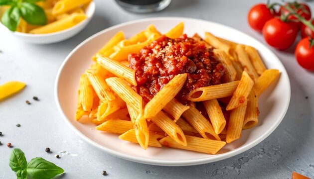 Close-up of delicious homemade penne pasta with a rich red tomato sauce and fresh basil, a classic Italian comfort food dish served on a white plate