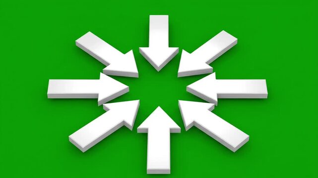 Multiple white arrows pointing towards the center on green background in a circular arrangement symbolizing unity and direction