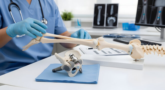 Professional orthopedic surgeon examining a human leg skeletal model and hip joint replacement prosthesis for surgical planning and medical education in a clinical healthcare environment.