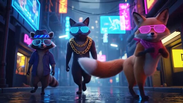 Cool animals in sunglasses walking down rainy cyberpunk city street