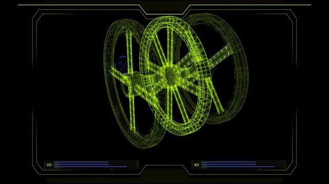 Futuristic holographic rotating space station module blueprint animating in digital motion video footage