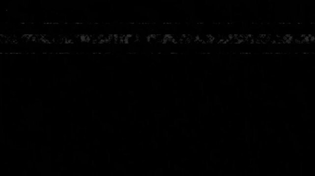 Old film tape defect overlay with abstract glitch and static noise on black background 4K video resolution.