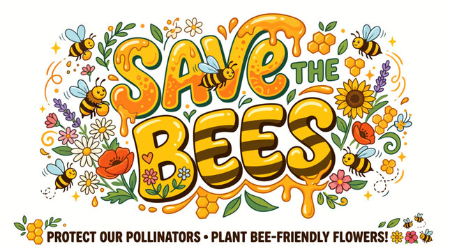 Save the Bees Environmental Illustration with Flowers and Honey