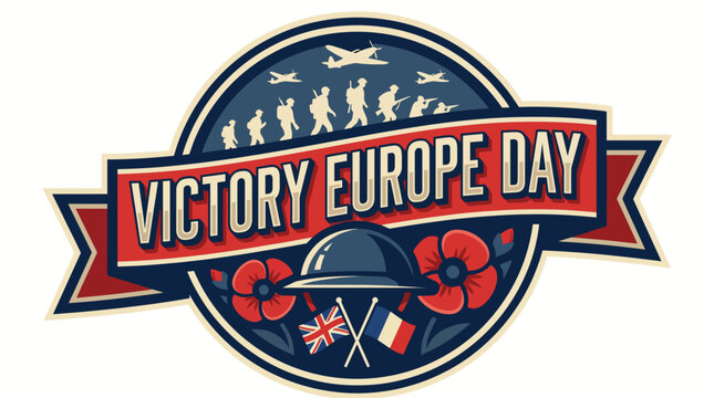 Victory Europe Day Vintage Commemorative Badge with Poppies and Soldiers