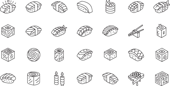 Set of isometric line sushi and food on white background sashimi nigiri maki roll