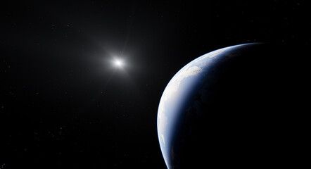 Sunrise Over Earth From Space, Dramatic Planet Horizon and Starfield 3D Rendering © edb3_16