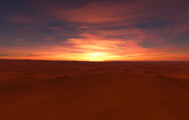 Obraz premium Desert Sunset Over Rolling Sand Dunes at Horizon — Vibrant 3D Rendering of Vast Landscape