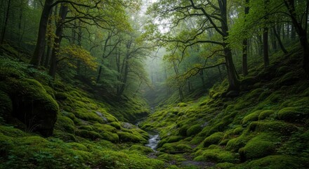 Fototapeta premium A serene forest scene with mossy hills, trees, and a stream, surrounded by lush greenery and natural beauty.