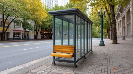 Obraz premium Empty urban bus stop shelter in a serene city street with trees and modern buildings on a calm day, inviting thoughts of travel and waiting for transport