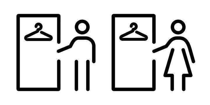 Mens and womens changing rooms line icons with outline symbols. Vector illustration for public facilities, locker rooms.