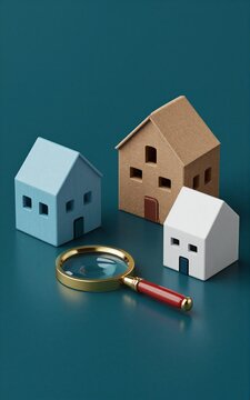 Three miniature houses and magnifying glass on teal surface