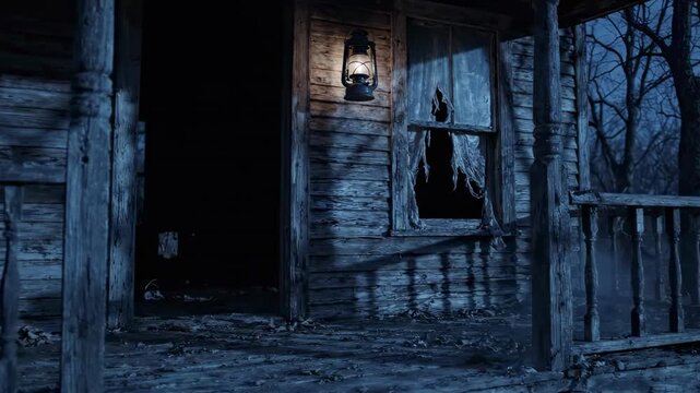 haunted house exterior porch scene with hanging oil lantern, torn curtain in broken window, warped railings, aged timber boards, blue night forest fog, and quiet abandoned cabin decay on steps
