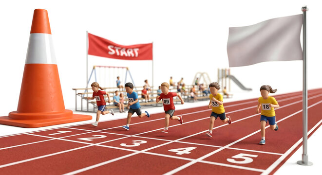 陸上トラックで徒競走をする子供たちの3Dミニチュア・ジオラマイラスト
