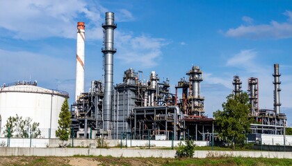 Obraz premium Oil Refinery Complex with Towers and Storage Tanks
