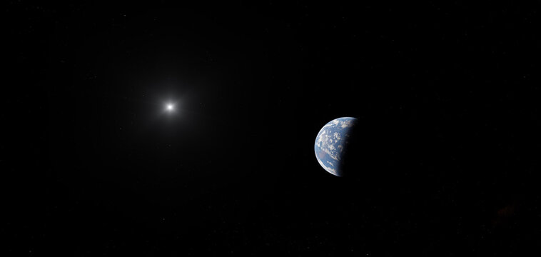 Earth and Distant Sun in Deep Space &mdash; Blue Planet 3D Rendering Showing Daylight Terminator
