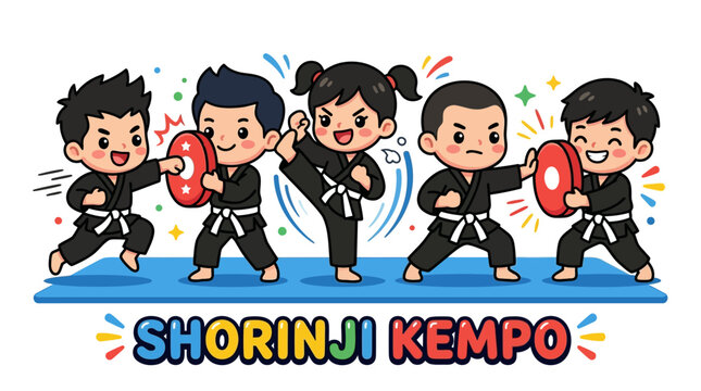 Cartoon illustration of children in martial arts class, practicing Shorinji Kempo with enthusiasm and focus
