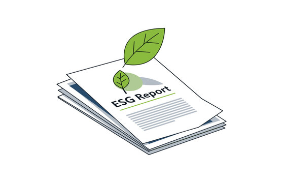 ESG report document stack with green leaves illustration.