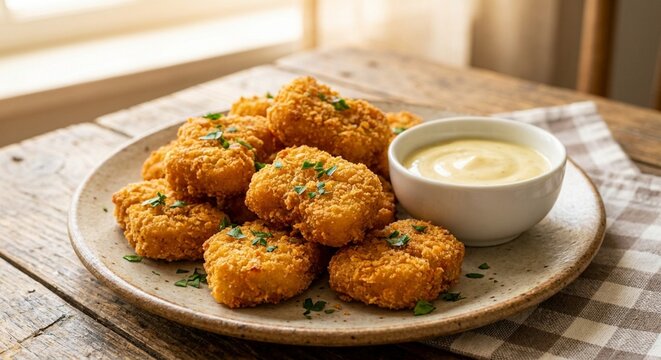 golden-brown chicken nuggets, served with a side of creamy dipping sauce and a sprinkle of fresh parsley
Nuggets de frango dourados e crocantes, servidos com molho cremoso e uma pitada de salsa fresca
