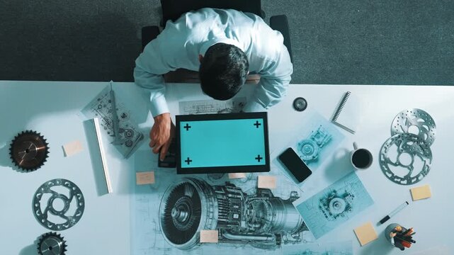 Professional engineer looking at phone while working on tablet with green screen at meeting table with turbine engine or jet engine sketch design and various metal gear scatter around. Alimentation.