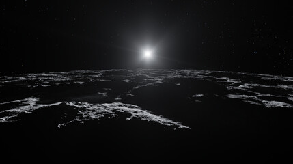 Lunar Sunrise Over Rugged Moon Surface With Distant Stars – Dramatic Space Horizon 3D Rendering © edb3_16