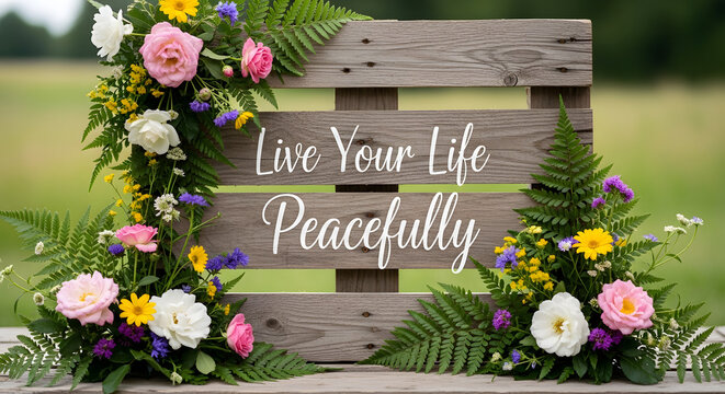 Motivational inspirational quote message live your life peacefully hand-painted on weathered rustic wooden pallet timber adorned with vibrant spring wildflowers blooming roses and green foliage.