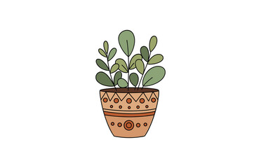 Obraz premium Hand drawn illustration of a small green plant in a decorative terracotta pot.