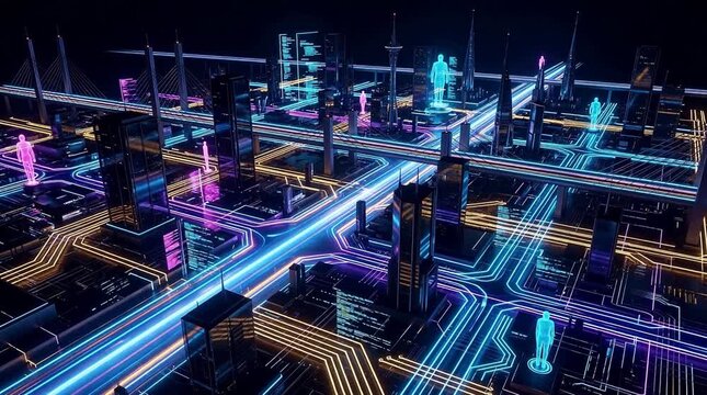 Futuristic Cityscape with Neon Lights and Digital Connections