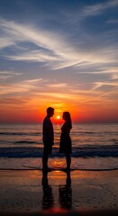 Fototapeta premium Silhouetted couple stands facing each other on a wet beach during a vibrant ocean sunset