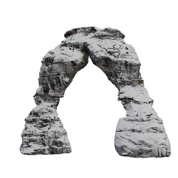 Snow Covered Rock Arch 3D Rendering of Natural Stone Formation Isolated on White Background