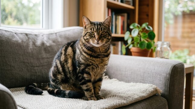 Domestic cat sitting indoors on a sofa looking directly at the camera