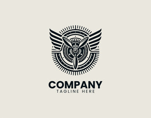 Fototapeta premium Black winged airplane badge vector logo on white background