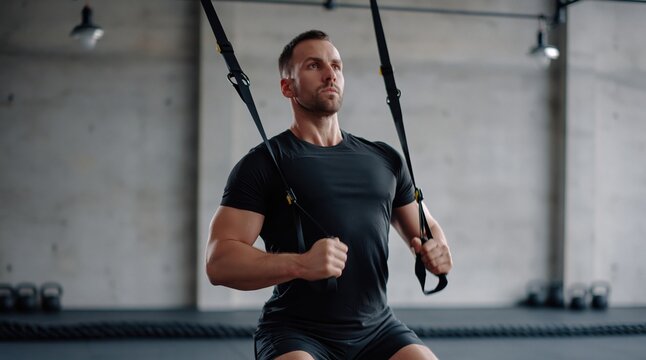 Functional fitness and strength training Man doing trx workout for core strength balance and stability in gym promoting active lifestyle and well being. High quality photo