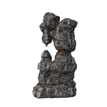 3D Rendering Of A Weathered Rock Formation Sculpture On White Background With Stone Texture