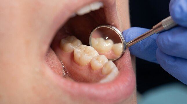 A close-up view of a patient's open mouth during a dental examination with a mirror.