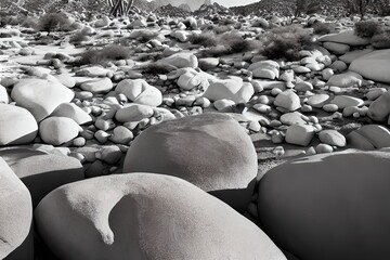 Obraz premium Monochrome Desert Landscape with Smooth Boulders and Sparse Vegetation