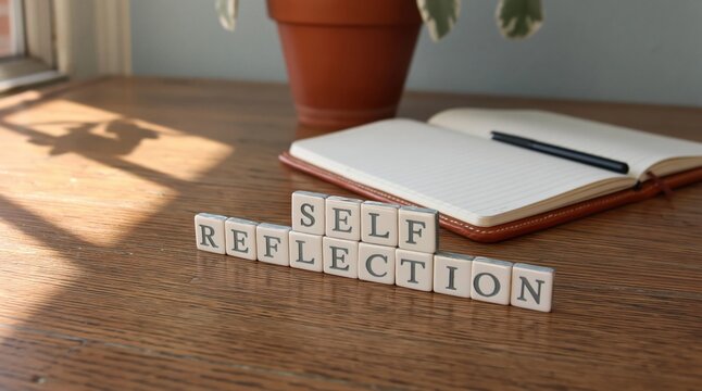 Mindfulness and self-reflection concept of personal growth mental wellness and introspection with scrabble tiles spelling out the words on a wooden desk. High quality photo