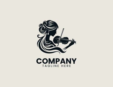 Elegant woman playing violin silhouette in black vector logo design on white background with classical music and artistic performance concept