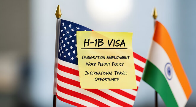 Professional H-1B Work Visa Concept Featuring Yellow Sticky Note on Combined United States and India Flags Representing International Immigration Employment and Global Labor Migration Policy