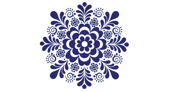 Intricate Blue Floral Mandala Design with Swirls and Petals.