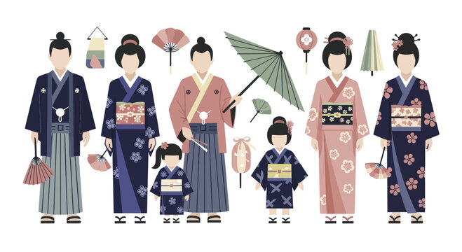 Japanese family in traditional kimonos with accessories.