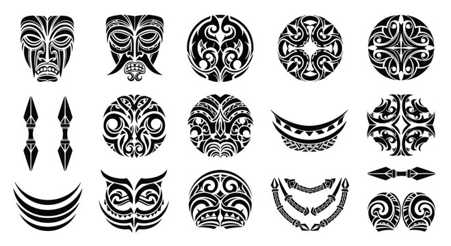 Maori Tribal Tattoo Designs and Polynesian Art Elements Set.
