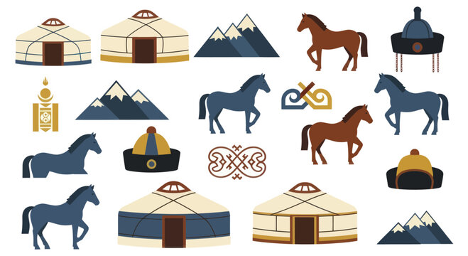 Mongolian Culture Elements - Yurts, Horses, Mountains, and Traditional Hats.