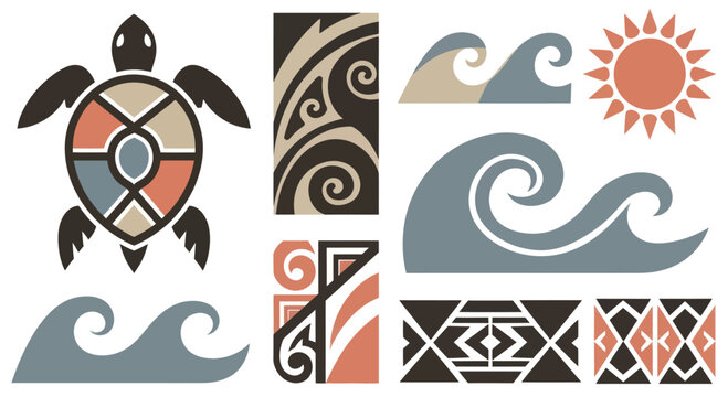 Polynesian inspired tribal art elements with turtle waves and sun.