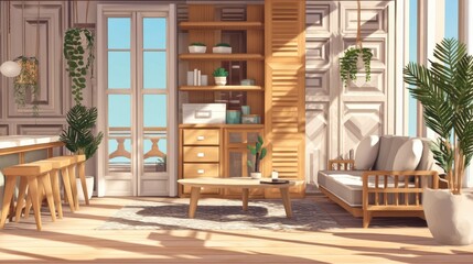 Fototapeta premium Modern and Cozy Interior Living Room Design with Wood Elements and Natural Light Streaming Through Large Windows in a Stylish Home Environment