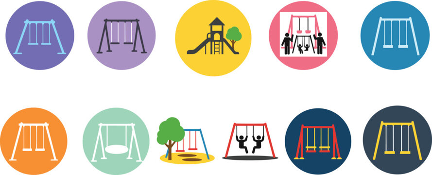 Playground Swing Set Icon Set Featuring Different Swing Designs, Children Playing, and Play Area Illustrations for Kids and Recreation Themes