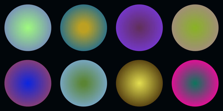 Vibrant gradient spheres set, 8 colorful glowing orb vectors on black background, holographic round blur elements for futuristic UI design