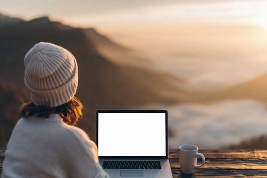 Digital nomad lifestyle and location Independence woman working on laptop with mountain view remote work freelancer work from anywhere blank screen for mockup. High quality photo