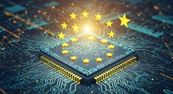 Conceptual Illustration of the European Union Cyber Resilience Act CRA Representing Digital Security Legislation for Connected Devices with Electronic Processor Microchip and Data Protection