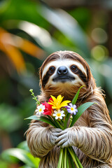 Obraz premium 花束を手に持つナマケモノ | A sloth holding a bouquet of flowers Generative AI