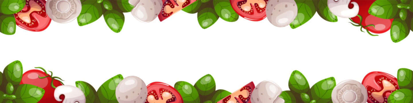 Seamless border with tomatoes, mushrooms and basil